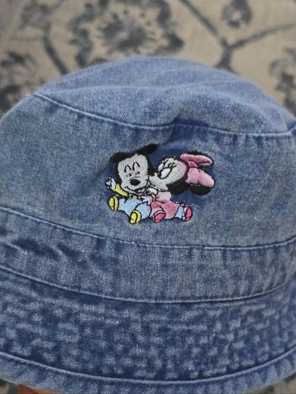 Vintage Disney Baby Denim Bucket Hat Embroidered Mickey & Minnie 46cm 6-9